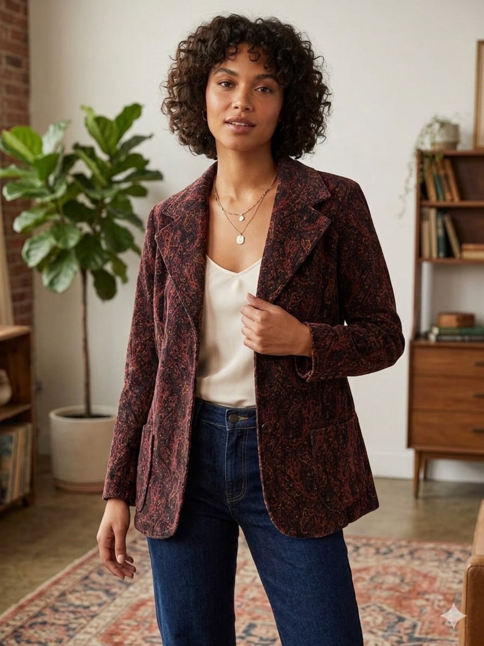 Vintage country Suburbans Paisley Patterned Burgundy Blazer Jacket for Women